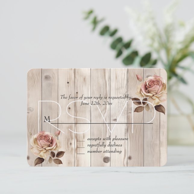 Pink Roses Cream White Wood Wedding RSVP Card (Standing Front)