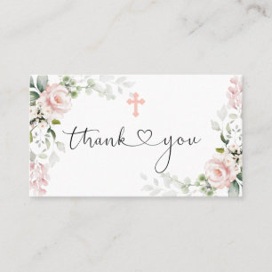 Pink Roses Cross Baptism Thank You Business Card