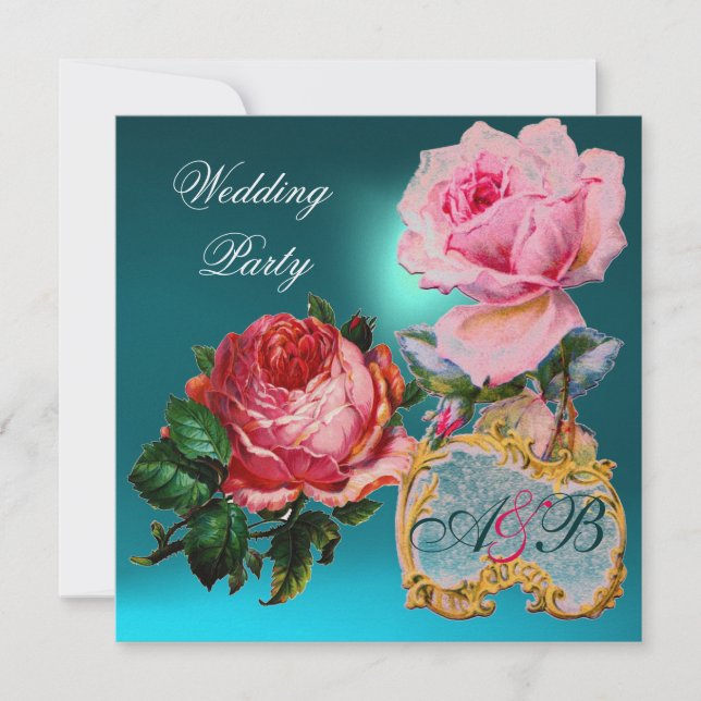 PINK ROSES,CUPID LACE HEART BLUE  WEDDING MONOGRAM INVITATION (Front)