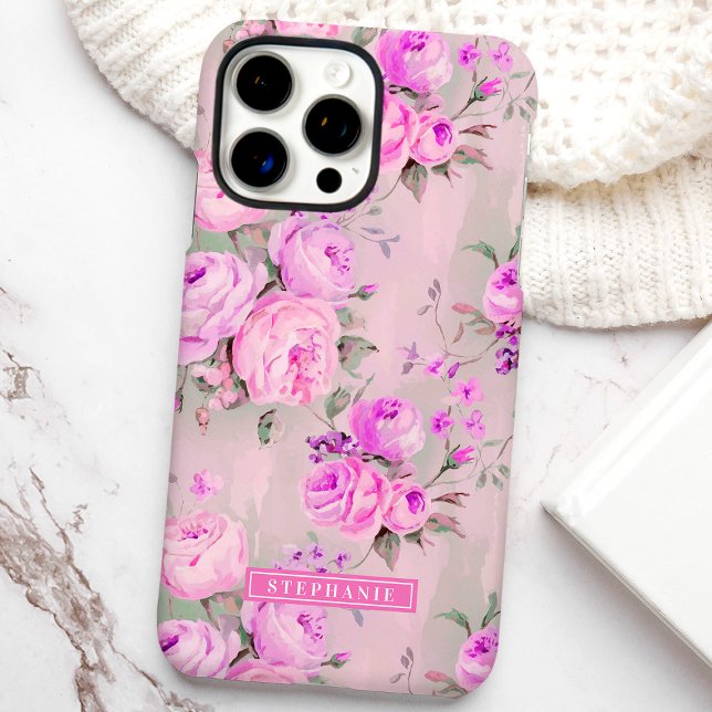 Pink Roses Custom Name Floral  Case-Mate iPhone Case (Creator Uploaded)