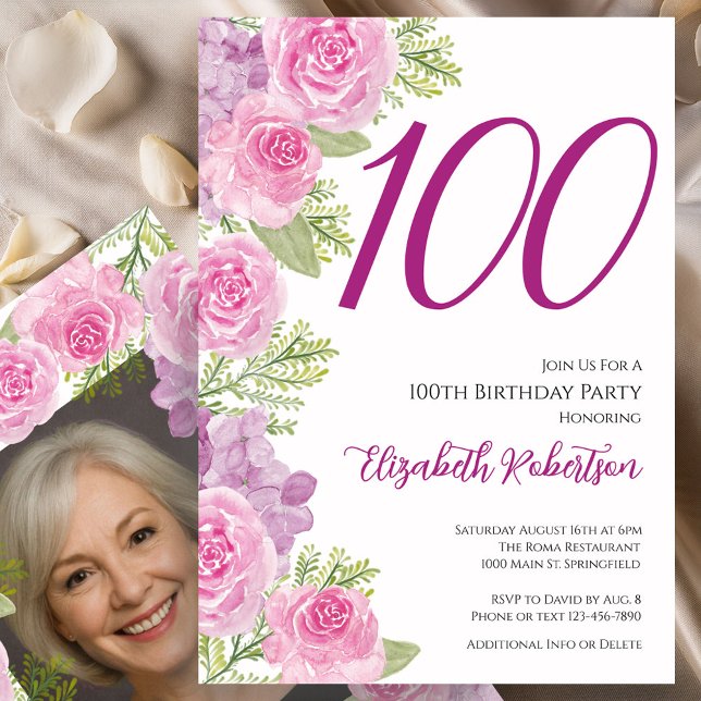 Pink Roses Custom Photo Template 100th Birthday (Creator Uploaded)