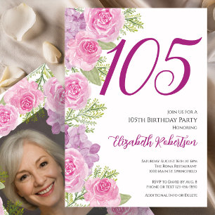 Pink Roses Custom Photo Template 105th Birthday