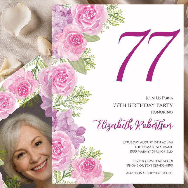 Pink Roses Custom Photo Template 77th Birthday (Creator Uploaded)