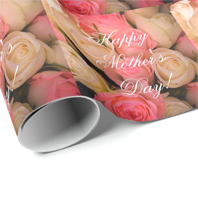 Pink Roses Custom Text Happy Mother's Day Floral Wrapping Paper (Roll Corner)