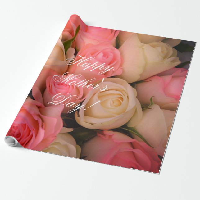Pink Roses Custom Text Happy Mother's Day Floral Wrapping Paper (Unrolled)