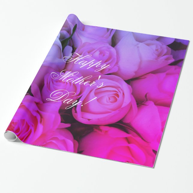 Pink Roses Custom Text Happy Mother's Day Floral Wrapping Paper (Unrolled)