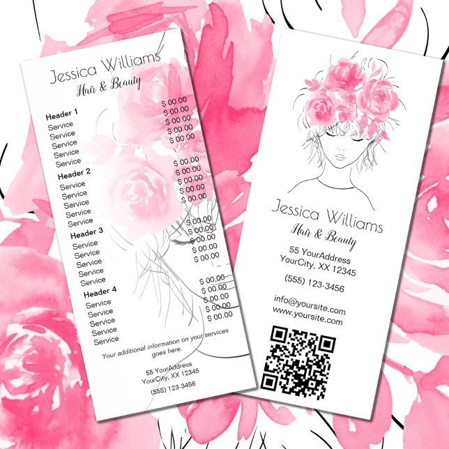 Pink roses cute girl hair beauty price list QR  Rack Card (Creator Uploaded)