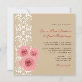 Pink Roses Damask Lace Wedding Invite & Reception