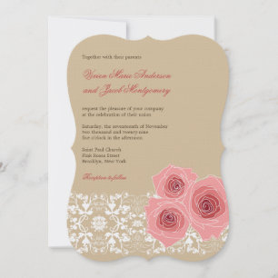 Pink Roses Damask Lace Wedding Invite & Reception