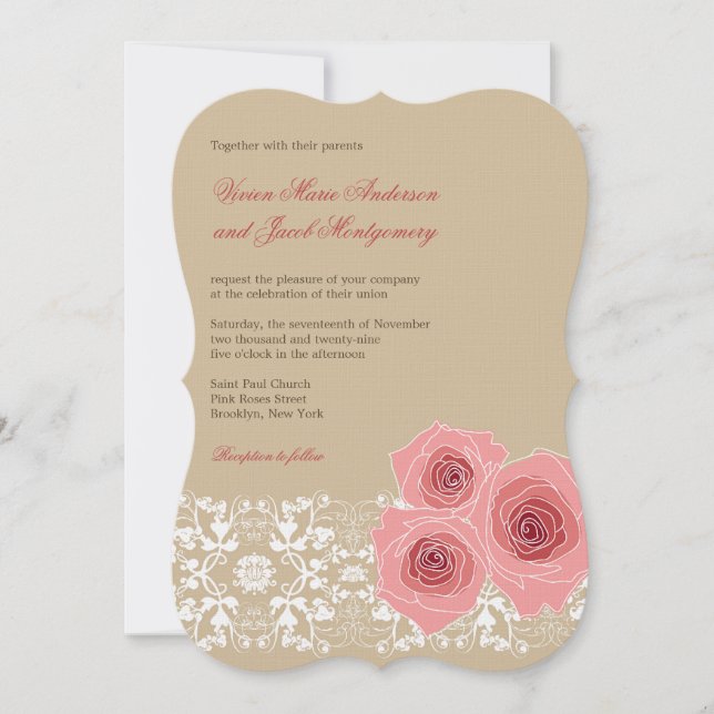 Pink Roses Damask Lace Wedding Invite & Reception (Front)