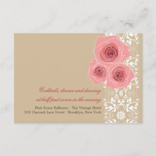 Pink Roses Damask Lace Wedding Reception Card
