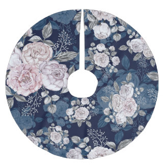 Pink Roses Dark Blue: Vintage Brushed Polyester Tree Skirt