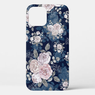 Pink Roses Dark Blue: Vintage iPhone 12 Case