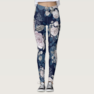 Pink Roses Dark Blue: Vintage Leggings