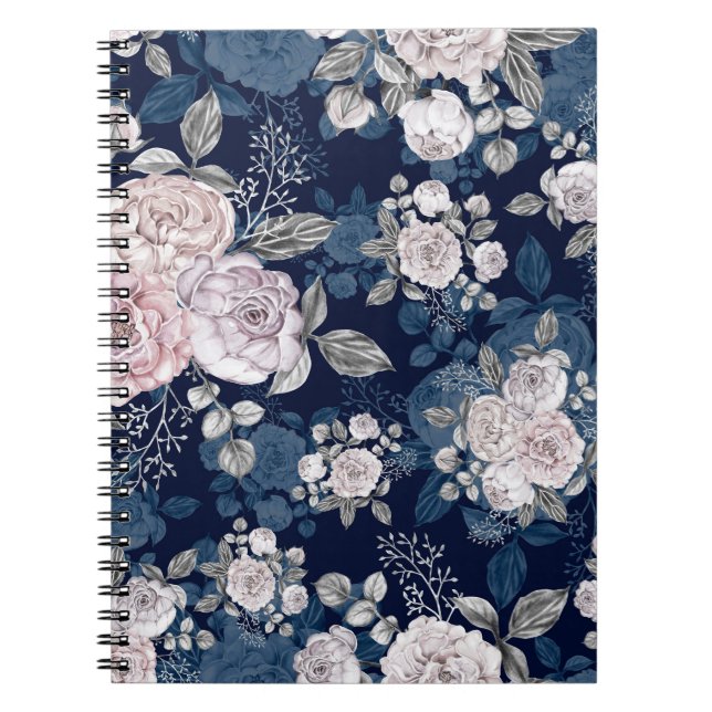 Pink Roses Dark Blue: Vintage Notebook (Front)