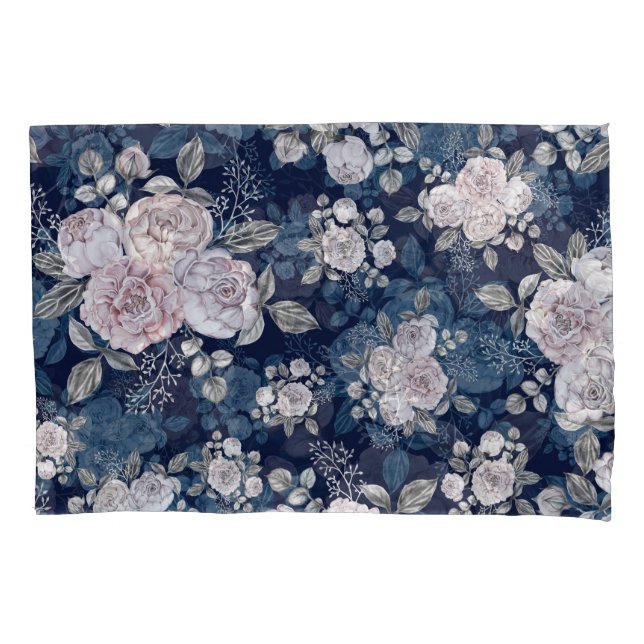 Pink Roses Dark Blue: Vintage Pillowcase (Front)