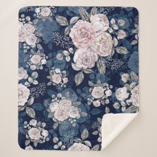Pink Roses Dark Blue: Vintage Sherpa Blanket