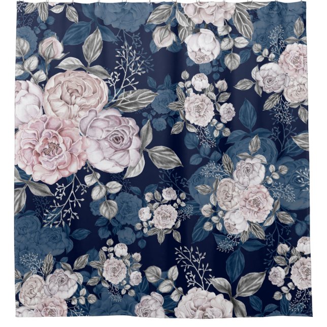 Pink Roses Dark Blue: Vintage Shower Curtain (Front)