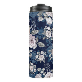 Pink Roses Dark Blue: Vintage Thermal Tumbler