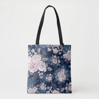 Pink Roses Dark Blue: Vintage Tote Bag