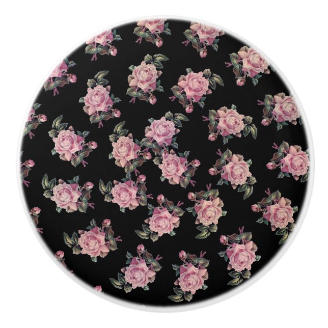Pink Roses Dark Floral Pattern Shabby Chic Ceramic Knob (Front)