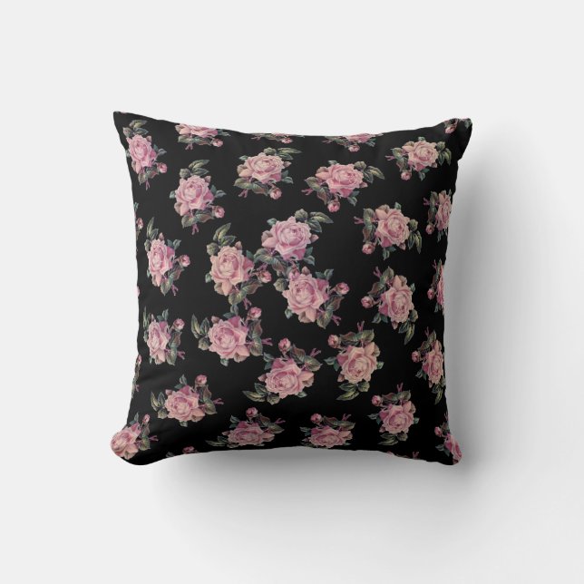 Pink Roses Dark Floral Pattern Shabby Chic Cushion (Front)