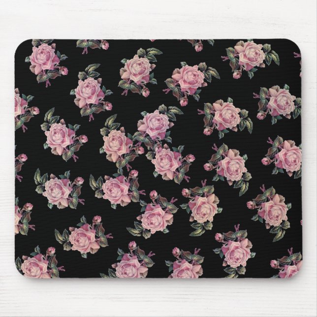 Pink Roses Dark Floral Pattern Shabby Chic Mouse Mat (Front)