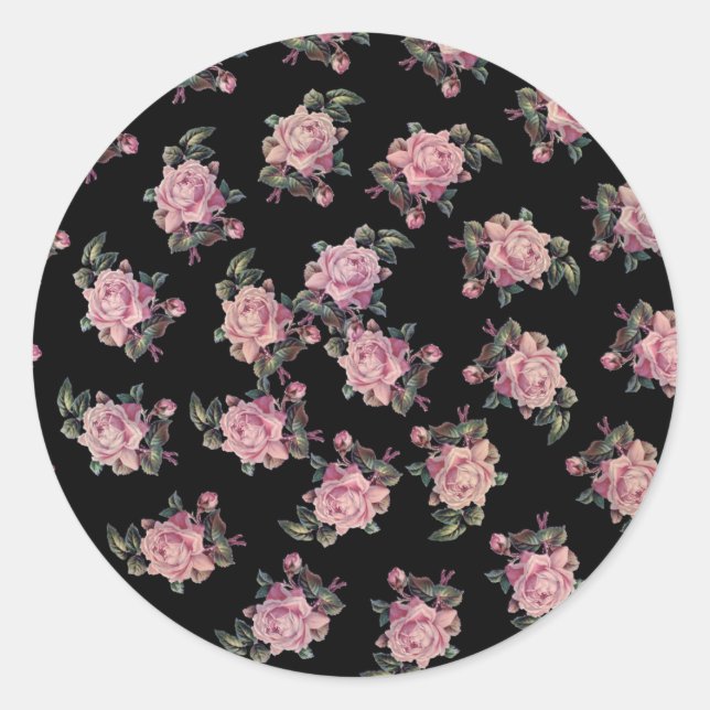 Pink Roses Dark Floral Pattern Shabby Chic Party Classic Round Sticker (Front)