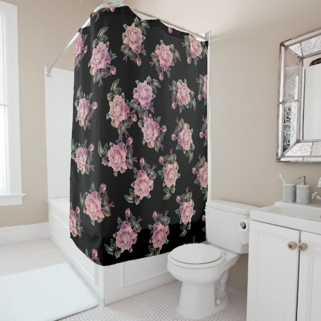 Pink Roses Dark Floral Pattern Shabby Chic Shower Curtain (In Situ)