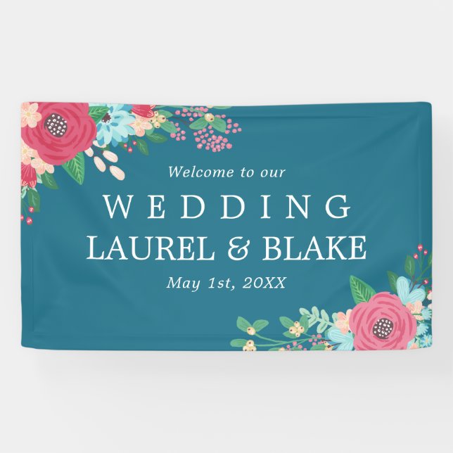 Pink Roses | Deep Blue Welcome to Our Wedding Banner (Horizontal)