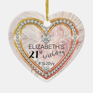 Pink Roses  Diamonds 21st Birthday Keepsake Orname Ceramic Tree Decoration