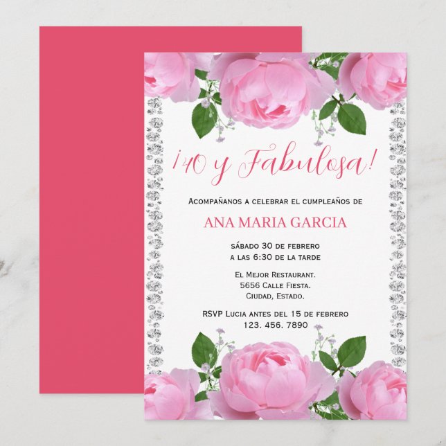Pink Roses & Diamonds 40th Birthday Spanish Invitation (Front/Back)