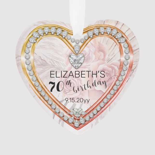 Pink Roses |Diamonds 70th Birthday Keepsake Ornament (Front)