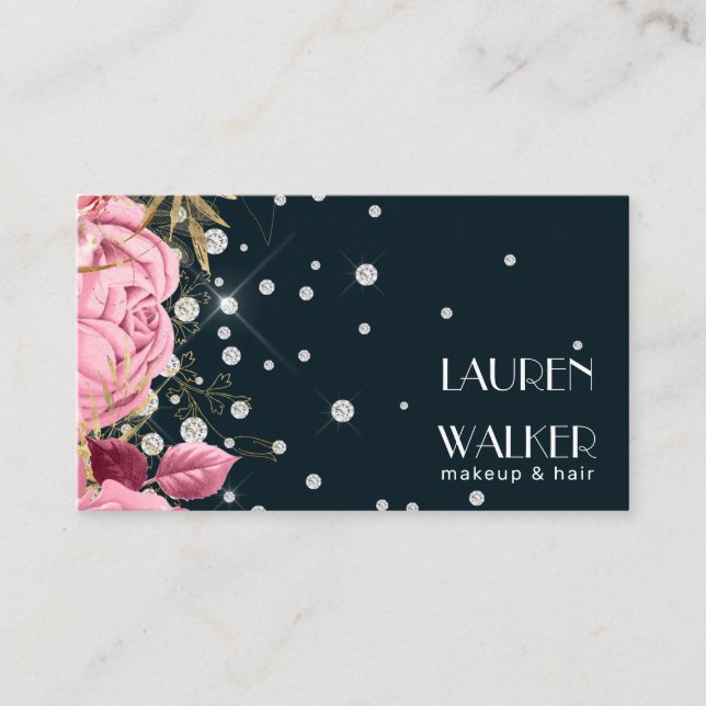 pink roses diamonds elegant beautician business card (Front)