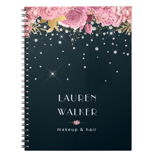 pink roses diamonds elegant monogram notebook (Front)