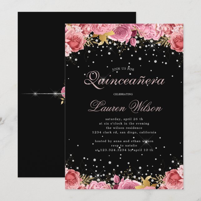 pink roses diamonds elegant Quinceanera Invitation (Front/Back)