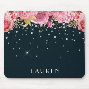 pink roses diamonds sophisticated sparkle monogram mouse mat