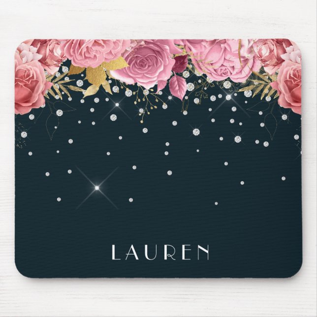 pink roses diamonds sophisticated sparkle monogram mouse mat (Front)