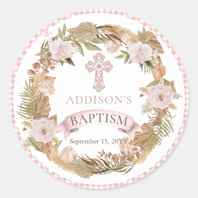 Pink Roses | Dried Grasses Flora Girl Baptism  Classic Round Sticker (Front)