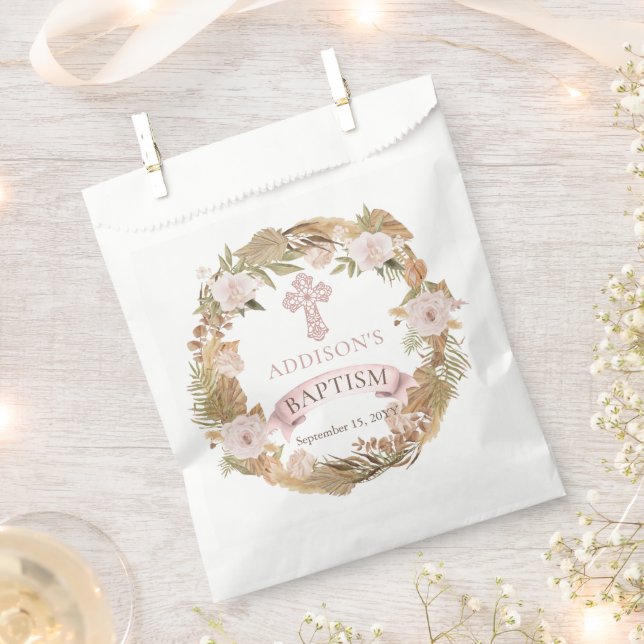 Pink Roses | Dried Grasses Flora Girl Baptism  Favour Bags (Clipped)