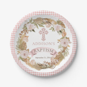 Pink Roses   Dried Grasses Flora Girl Baptism Paper Plate