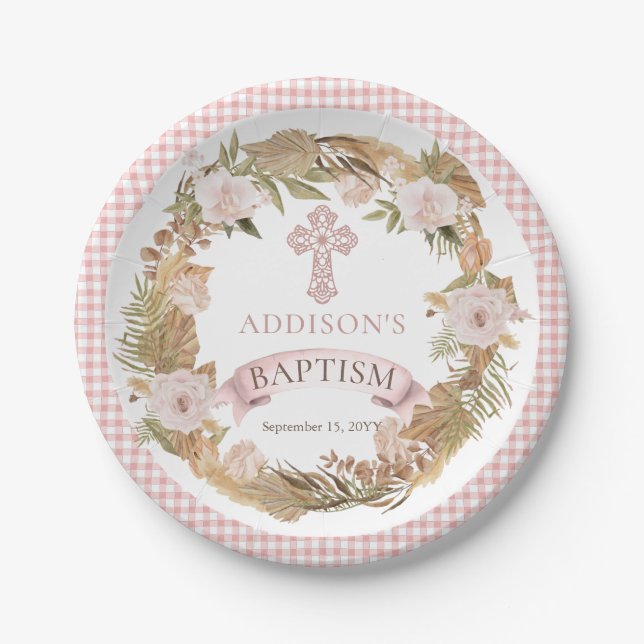 Pink Roses | Dried Grasses Flora Girl Baptism Paper Plate (Front)