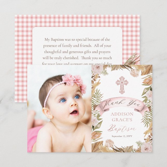 Pink Roses |Dried Grasses Flora Girl Baptism Photo Thank You Card (Front/Back)