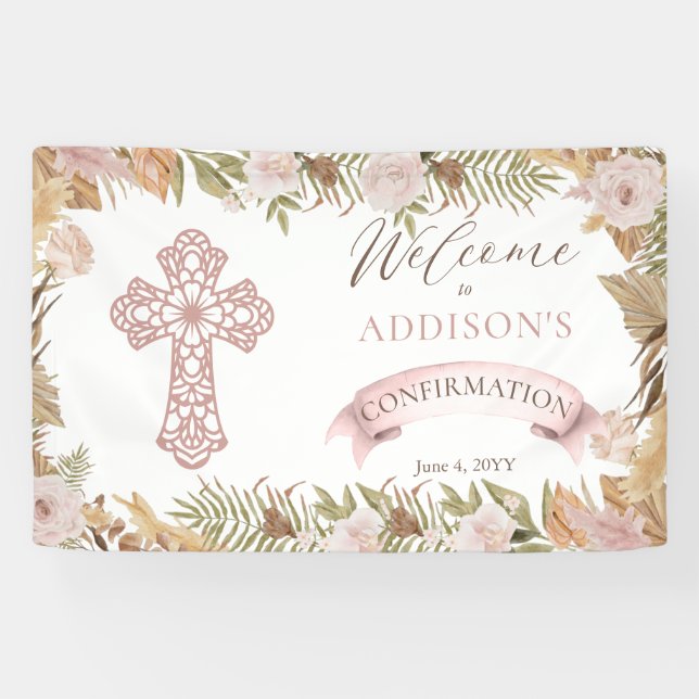 Pink Roses |Dried Grasses Floral Girl Confirmation Banner (Horizontal)