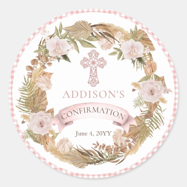 Pink Roses |Dried Grasses Floral Girl Confirmation Classic Round Sticker (Front)