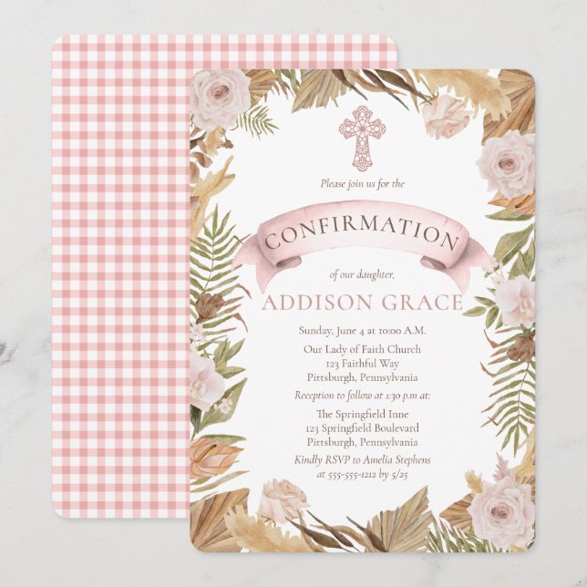 Pink Roses Dried Grasses Floral Girl Confirmation Invitation (Front/Back)