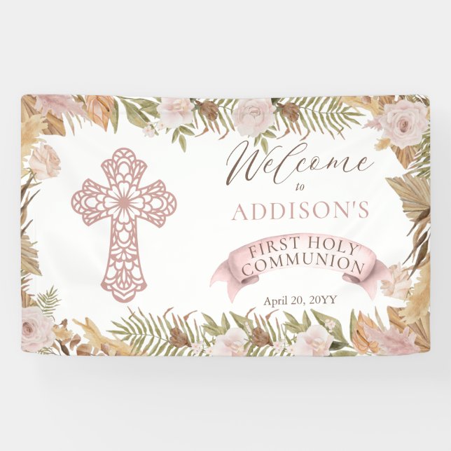 Pink Roses Dried Grasses Girl First Holy Communion Banner (Horizontal)