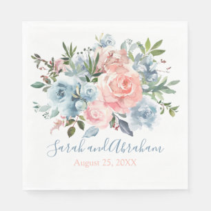 Pink Roses Dusty Blue Floral Wedding Paper Napkins