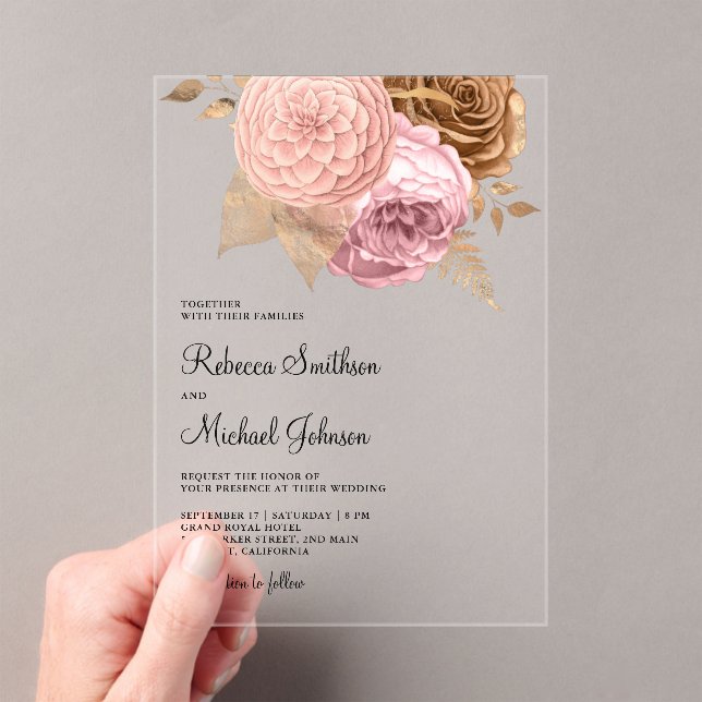 Pink Roses Earthy Floral Wedding Acrylic Invitations (Insitu (Handheld))