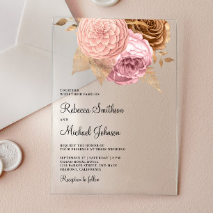 Pink Roses Earthy Floral Wedding Acrylic Invitations
